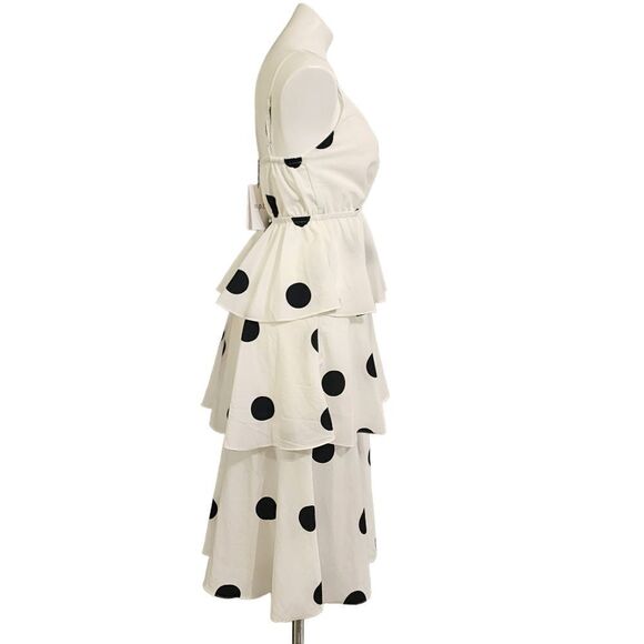 O.P.T.  dress white & black polka-dot tiered midi S NWT - Picture 2 of 5
